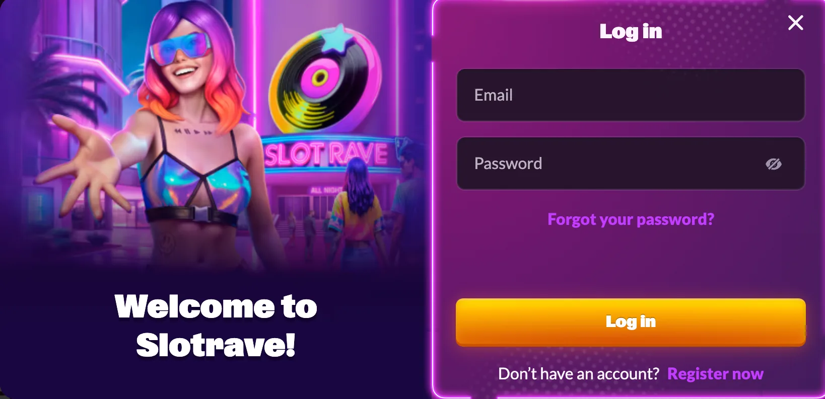 SlotRave login modal screen