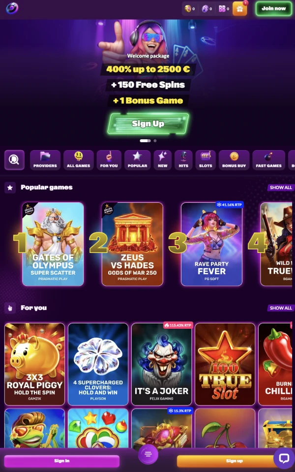 SlotRave mobile lobby screenshot