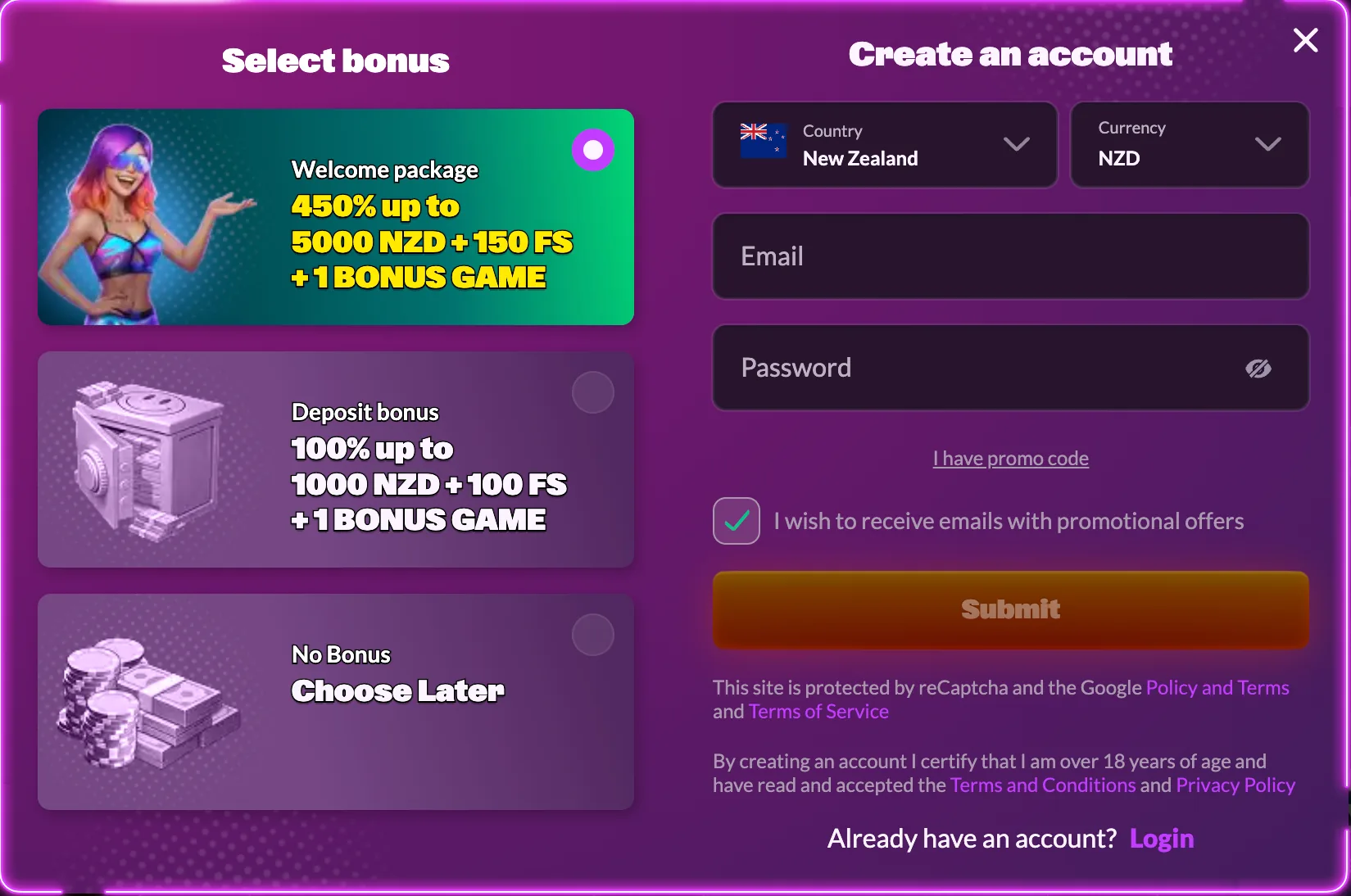 SlotRave registration and bonus selection screen